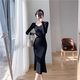妙奕嘉針織連衣裙春季配大衣長(cháng)裙打底裙子女內搭小香風(fēng)毛衣裙魚(yú)尾包臀裙 V領(lǐng)修身針織連衣裙【黑色】 均碼