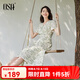 歐莎（OSA）清新V領(lǐng)碎花短袖連衣裙女夏季2025年新款輕薄收腰顯瘦裙子 杏底印花 M