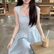 皓娥方領(lǐng)連衣裙子茶歇法式通勤收腰裙女夏季初戀清純長裙氣質(zhì)修身長裙 藍(lán)色 M