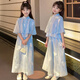 哈羅小黃鴨HAL.DUCK改良古風(fēng)套裝女童漢服夏季新中式大童夏裝連衣裙公主女孩國風(fēng)旗袍 蘭色中袖套裝 120 cm