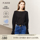 AMII2025春通勤法式風(fēng)優(yōu)雅一字領(lǐng)兩穿喇叭袖雪紡衫女垂感上衣12541168 黑色 L