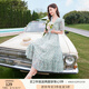 香影碎花v領(lǐng)連衣裙女2025夏裝新款海邊度假風(fēng)裙子高腰打攬雪紡裙 藍(lán)色 S