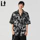 :CHOCOOLATEit碎花短袖襯衫男士冰絲沙灘寬松花襯衫夏季新款 黑色    3XL   