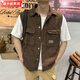 凌卡戚美式復古工裝牛仔馬甲男夏季機能寬松男士坎肩美拉德馬夾外套 咖色 立體四口袋馬甲 L 120-135斤