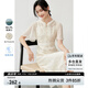尚都比拉夏季禪意新中式包扣盤扣荷葉袖花卉提花V領(lǐng)連衣裙女 淺杏色 S 