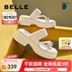 百麗（Belle）休閑人字拖鞋女真皮粗跟增高夾腳涼鞋B1782BT4 米白 36 (230mm)