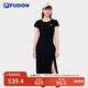 FILA FUSION斐樂(lè)潮牌女子針織連衣裙簡(jiǎn)約修身開(kāi)衩長(zhǎng)款裙子 正黑色-BK M (165) 84A