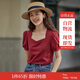 茵曼法式棉質(zhì)女裝方領(lǐng)短袖t恤夏季套頭修身小個(gè)子襯衣上衣 大紅色新 M