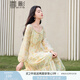 香影碎花雪紡連衣裙女長袖2025春季新款超好看收腰低圓領(lǐng)打攬裙子 果綠 L
