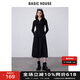 BASIC HOUSE/百家好小個子收腰大擺裙秋冬針織拼接立領(lǐng)連衣裙 黑色 L