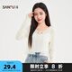 三福開衫2025夏季系帶設(shè)計短款圓領(lǐng)針織披肩外套上衣女裝500358 米杏 L
