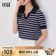 歐莎（OSA）條紋polo領針織衫短袖女高端夏季冰絲薄款休閑百搭顯瘦上衣 藏藍色 M