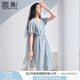 香影v領(lǐng)泡泡袖連衣裙女2025夏裝新款仙女裙收腰絕美漂亮藍色裙子 藍色 M 160/84A/95-110斤