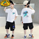 G.DUCKKIDS男童短袖套裝夏季2024新款薄款中大童童裝夏裝兒童帥氣休閑兩件套 【兩件套】-01白色 160 cm