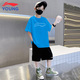 LI-NING KIDS李寧男童套裝夏季寬松透氣舒適潮流短袖速干運(yùn)動(dòng)短褲青少年兩件套 帆航藍(lán)大標(biāo)T恤+黑色短褲 160 cm