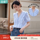 茵曼（INMAN）花邊純色v領(lǐng)襯衫女裝2025夏季新品泡泡袖短袖上衣 藍(lán)色 M