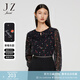 玖姿（JUZUI）草莓系帶荷葉邊雪紡上衣春款女四葉草通勤印花小衫 花黑 S