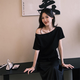 小野七天黑色短袖女2025夏季新款純色寬松顯瘦休閑上衣斜肩 黑色 M