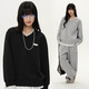 PSO Brand女裝拼接花邊V領(lǐng)落肩衛衣無(wú)帽寬松秋季長(cháng)袖純色簡(jiǎn)約上衣 墨黑色 Black L