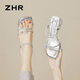 ZHR涼鞋女夏季透明水晶粗跟一字帶鞋子蝴蝶結(jié)露趾水鉆女鞋KH30銀色37