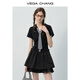 VEGA CHANG黑色連衣裙女2025新款夏學(xué)院風(fēng)格紋領(lǐng)帶小個(gè)子收腰顯瘦小黑裙 優(yōu)雅黑 M