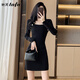 她芙（tafu）品牌女裝法式連衣裙女2025春秋新款修身顯瘦長(zhǎng)袖包臀打底針織裙 黑色 M
