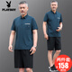 花花公子中老年人運動(dòng)套裝男夏季2026新款爸爸裝夏裝大碼男士冰絲短袖t恤 【726短褲款】墨綠-兩件套 L【建議100-120斤左右】