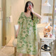 班菲詩(shī)棉綢睡裙女春秋夏季國風(fēng)甜美短袖連衣裙寬松大碼夏天中長(cháng)款家居裙 025#綠葉青禾 2XL  125-145斤