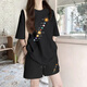 一寸相思夏季休閑套裝t恤女純棉2025新款運動(dòng)外穿百搭顯瘦短褲短袖兩件套 黑衣+黑褲-九大行星 XL （110-125斤）
