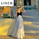 LISCN連衣裙女海邊度假沙灘裙夏三亞旅游拍照衣服超仙黑白拼色百褶吊帶 圖片色(高品質 有內襯 不透) M (建議96-110斤)
