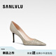 SANLVLU/廣州 18歲成人禮水晶鞋高跟鞋羊皮拍婚紗照紀(jì)念日儀式感訂婚鞋女 砂礫金/8cm（羊皮內(nèi)襯+pink禮盒） 38