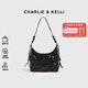 CHARLIE&KELLI CK品牌包包女包褶皺油蠟皮半月包時尚腋下包2025新款單肩斜挎包 黑色【京倉配送 贈送禮袋】