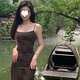 茯見(jiàn)吊帶連衣裙女輕熟純欲風(fēng)高級(jí)設(shè)計(jì)感辣妹性感印花網(wǎng)紗收腰顯瘦包臀 棕色 M （不帶開(kāi)衫）
