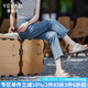 婭麗達(dá)（YERAD）冰氧酷直筒牛仔褲女寬松顯瘦開叉女褲2024夏季涼感九分褲潮 輕薄 晴空深藍(lán)(B0)-透氣 30