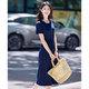 尚靜連衣裙女夏季2025新款女裝時尚簡約中長款收腰顯瘦氣質(zhì)短袖裙子女 藏青色 M