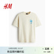 H&M【史努比】男裝女裝T恤秋季印花圓領(lǐng)寬松落肩情侶裝短袖0972640 淺米色/史努比 170/92