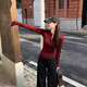 佐敘酒紅色辣妹v領(lǐng)長(zhǎng)袖內(nèi)搭打底衫女春秋2025修身緊身收腰正肩t恤上衣 酒紅色 L （90-105斤）