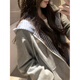 吉閑 甜酷拼格連帽衛衣女2025秋冬新款情侶慵懶風(fēng)開(kāi)衫個(gè)性外套潮上衣 灰色 M