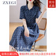ZXEGI藍(lán)色碎花高檔100%真絲連衣裙女夏季新款氣質(zhì)桑蠶絲中長(zhǎng)直筒裙 牛仔藍(lán)色 3XL （136-150斤）