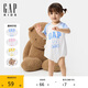 GAP嬰兒2025夏季新款小熊印花系帶短袖連體衣舒適兒童裝774574
