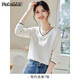 品彩（PinCai）長袖t恤女v領(lǐng)拼色設(shè)計(jì)時(shí)尚精致典雅氣質(zhì)上衣打底衫 P13KT2343