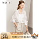 AMII2025春新款翻領(lǐng)燈籠袖微透高級(jí)感白襯衫女寬松法式上衣襯衣 米白 160/84A/M