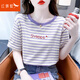紅蜻蜓短袖t恤女時(shí)尚刺繡條紋寬松女裝夏裝2025年新款韓版圓領(lǐng)女士上衣 紫色短袖 M （適合100-109斤）