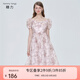 糖力【商場同款】夏新款短袖紗質(zhì)印花連衣裙女高腰中長款裙子 粉色 S