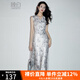 晚白2025夏款洋氣時(shí)尚簡(jiǎn)約氣質(zhì)印花長(zhǎng)裙子休閑V領(lǐng)收腰顯瘦無(wú)袖連衣裙 藍(lán)色 XL
