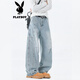 花花公子美式水洗闊腿彎刀牛仔褲男春秋季寬松休閑褲hiphop做舊直筒褲子男 淺藍色 XL 建議130-150斤