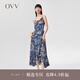 OVV【愛(ài)情而已同款】OVV春夏女裝18MM鬼縐水彩荷葉邊吊帶連衣裙 藏青花紋04 S