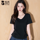 別語(yǔ)夏季正肩寬松短袖t恤女簡(jiǎn)約V領(lǐng)收腰褶皺百搭顯瘦上衣 黑色 XL