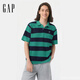 GAP男女裝2025夏季新款logo重磅純棉條紋polo短袖T恤寬松727619 綠色 2XL (185/104A) 亞洲尺碼