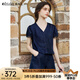 Olrain歐芮兒洗水牛仔拼接蕾絲套裝女夏季2025新款時(shí)尚休閑兩件套 牛仔藍(lán) L